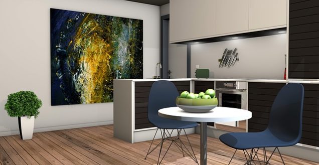 San Brisas Apartments in West Houston, TX A 3d rendering of a kitchen with a painting on the wall in San Brisas Apartments, West Houston TX.